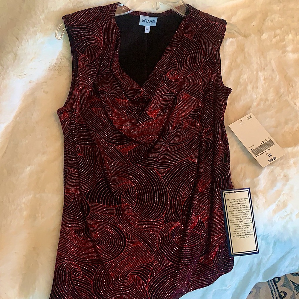 Sparkly blouse black with red toned swirly sparkle design. Size large. Brand new